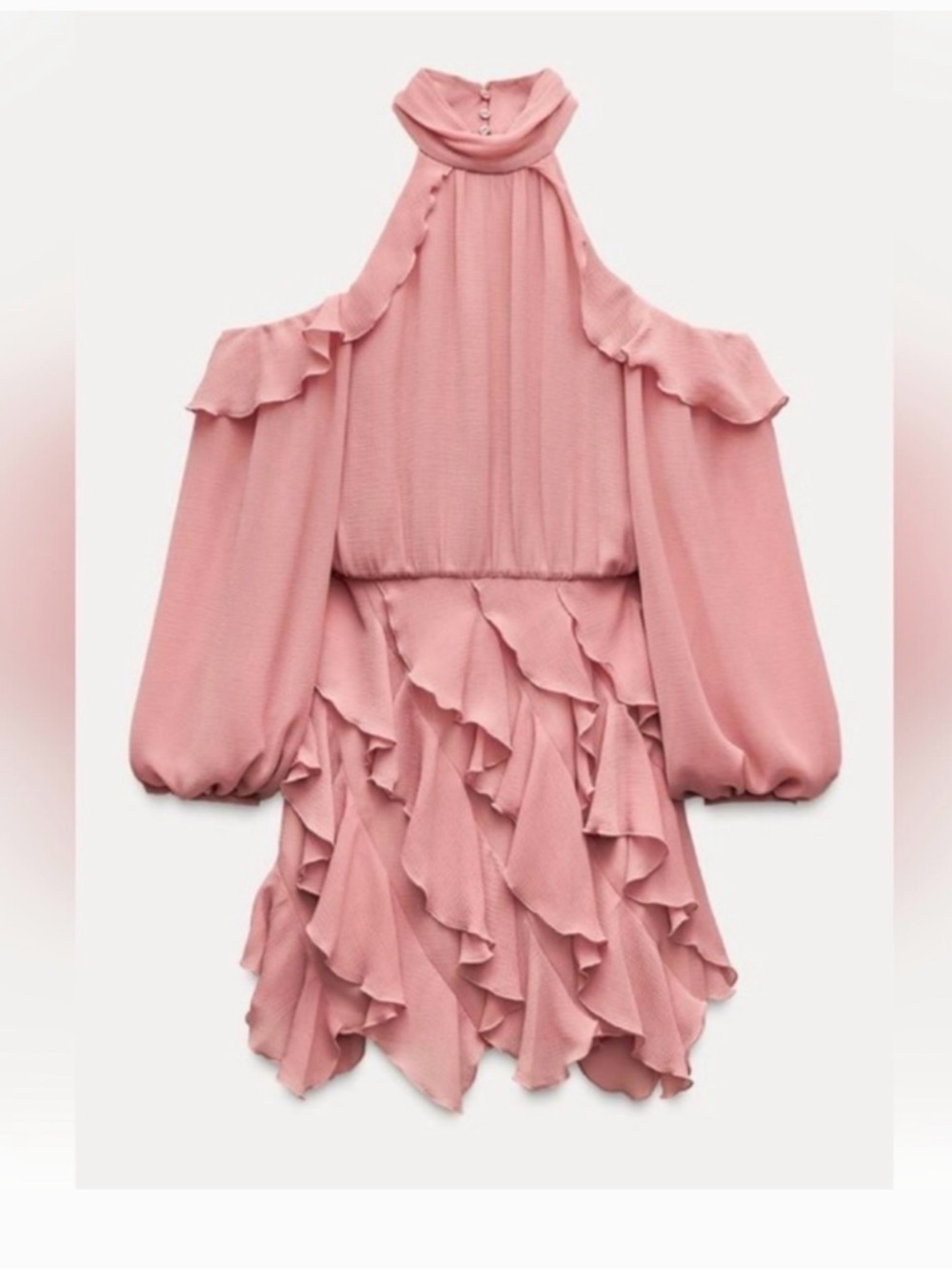 Pink Ruffled Cold-Shoulder Mini Dress